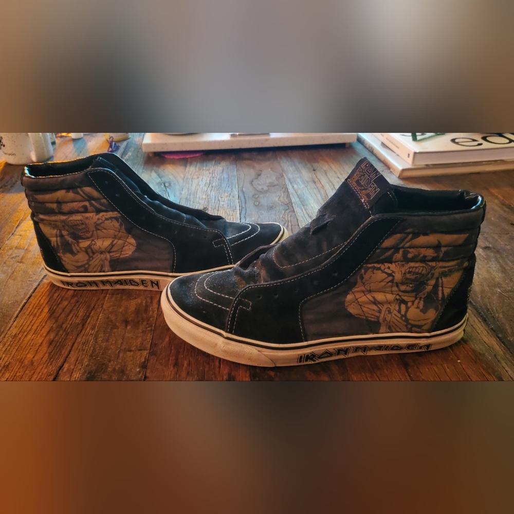 2 Pairs of Vintage Iron Maiden Vans - Sk8 Hi and Slip-On size Mens US11
